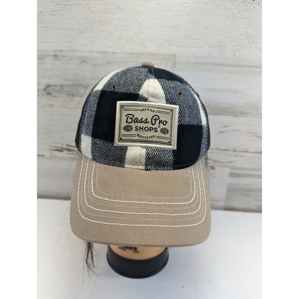 Bass Pro Shops Navy‎ Black Flannel Plaid Baseball Hat Cap, Pre-owned